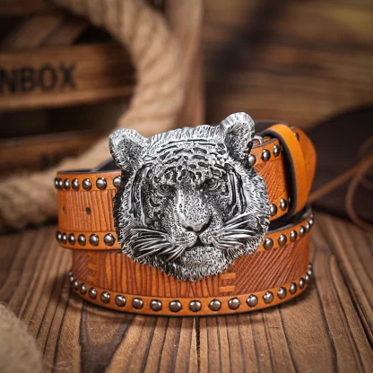 Tiger's Head Carved Western Belt - Image 4