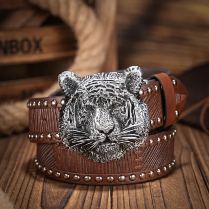 Tiger's Head Carved Western Belt - Image 3